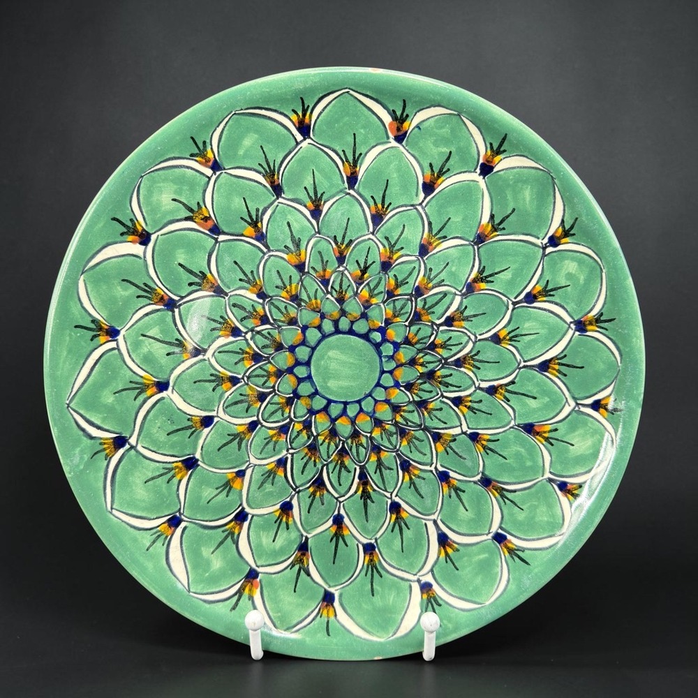 JMB Mexico Talavera Plates Set of 3 Green Floral Mandala Hand Painted 10 Inch - Picture 2 of 12